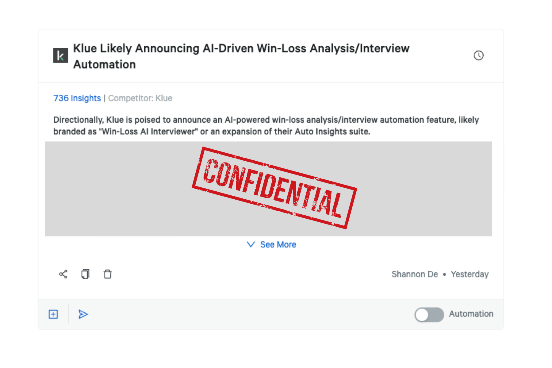 Klue is poised to announce an AI-powered win-loss analysis or interview automation feature, likely branded as “Win-Loss AI Interviewer”.