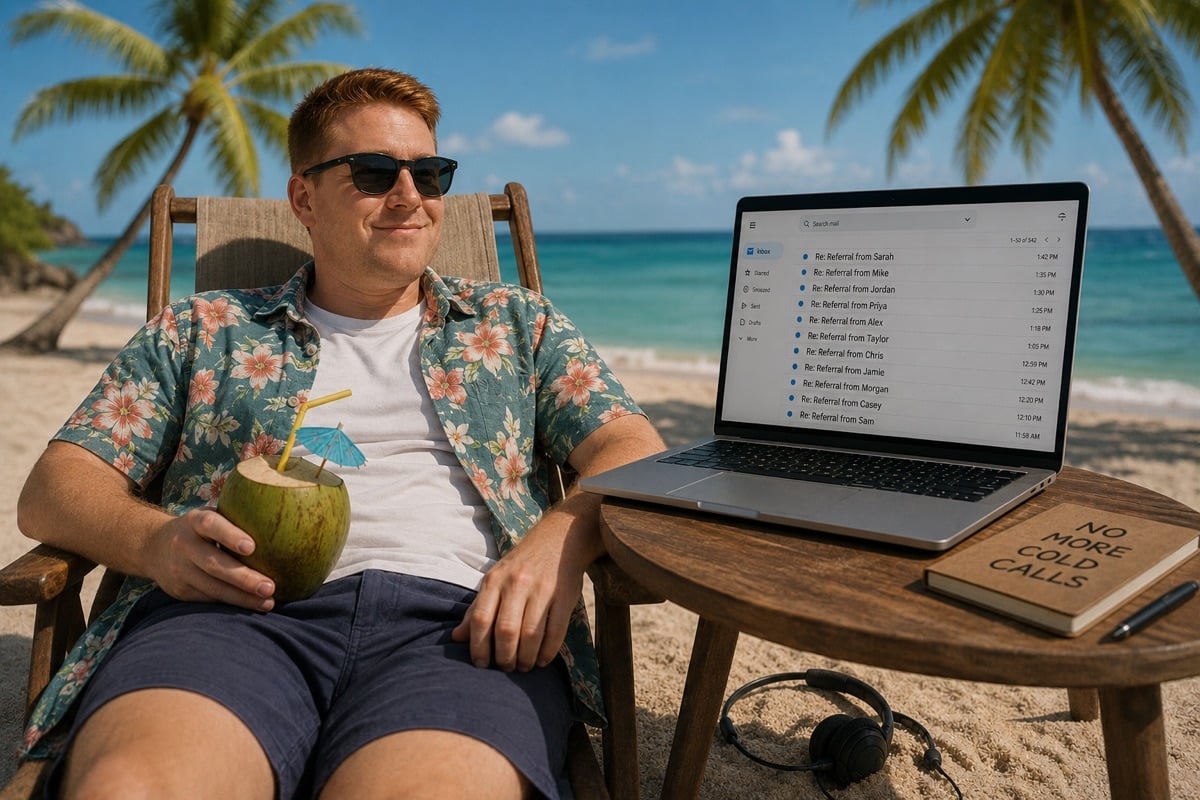 Blake on a beach chair under palm trees, sunglasses on, coconut in hand. Laptop open beside him showing an inbox full of 'Re: Referral from' emails.