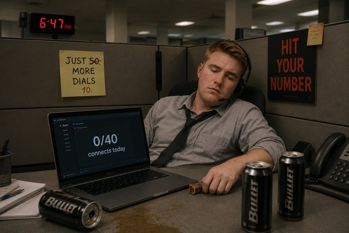 Blake at his desk, head tilted back, eyes closed, surrounded by energy drink cans. His laptop reads 0/40 connects today.